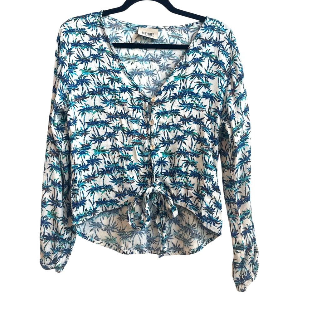 LucyLove White with Teal and Blue Palm Tree Button Down Blouse with Front Tie